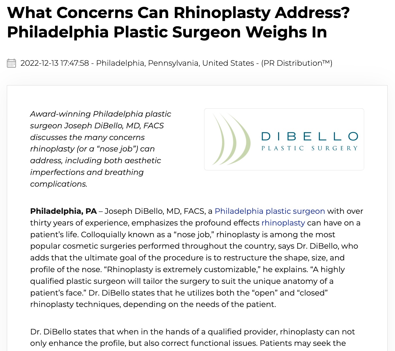 Philadelphia Plastic Surgeon on Concerns Rhinoplasty Can Address